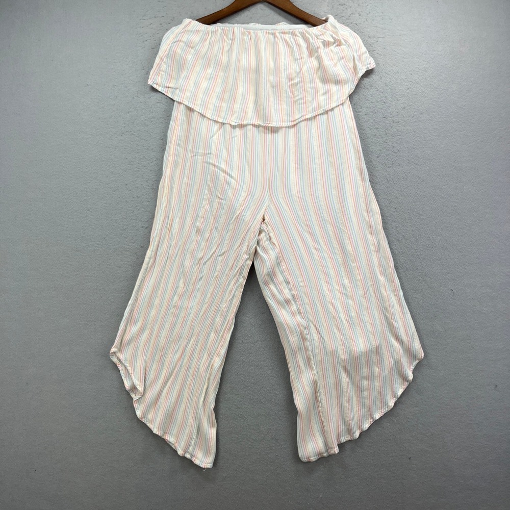 Joyjoy Jumpsuit Womens M Multi Pastel Stripe Strapless Ruffle Hem Boho Jumper